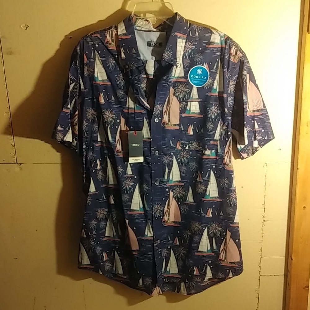 Izod Blue Nautical Sail Boats Ships Print Button-Up Short Sleeve Shirt Ships